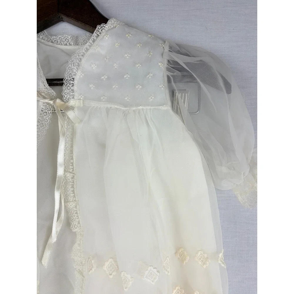 Vintage‎ White Sheer Embroidered Baby Christening Gown Lace Trim Ribbon Tie 9M